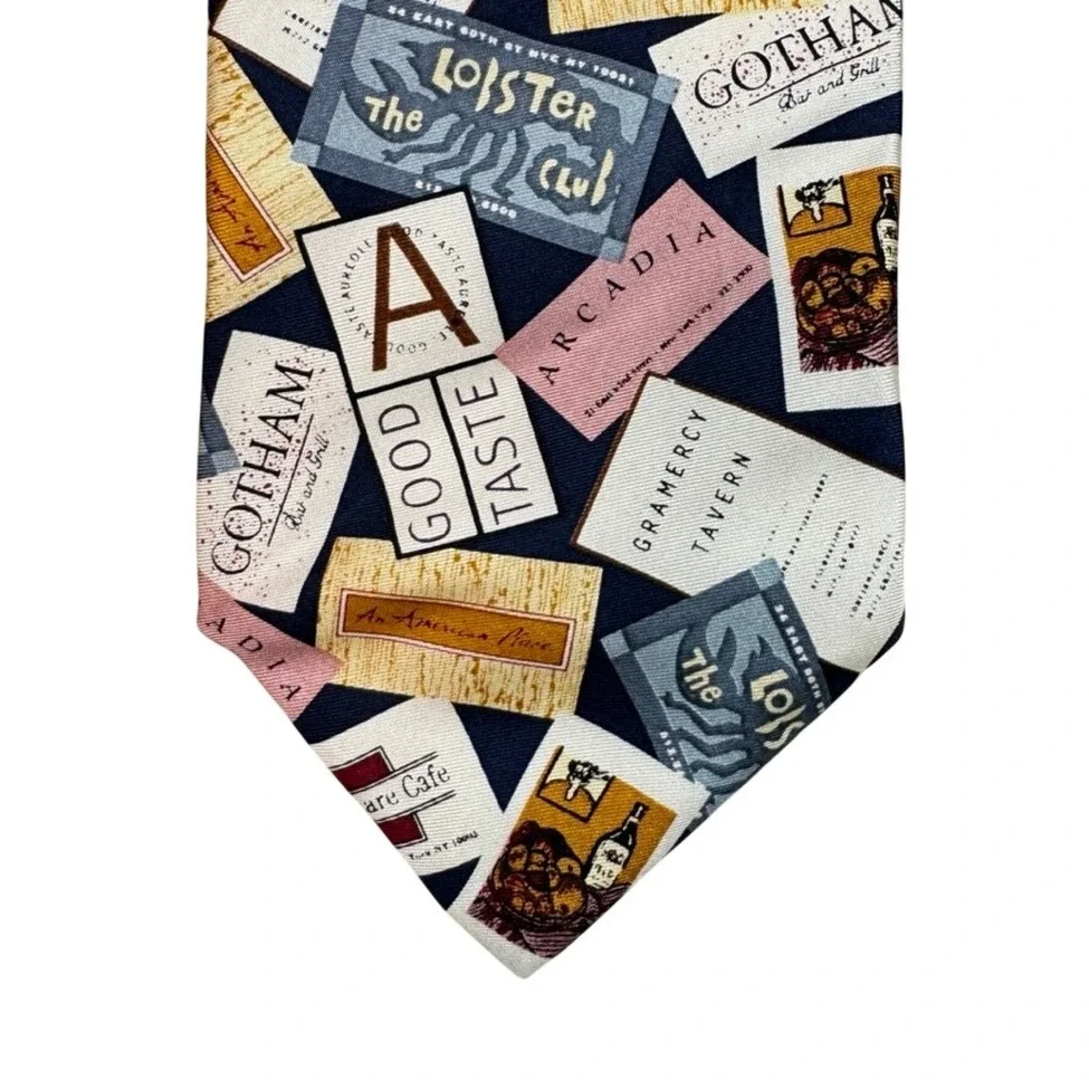 Echo Silk Tie Mens Navy Blue NYC Restaurant Business Card Novelty Print 57x3.75